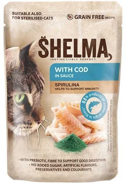 Kačių Maistas - SHELMA Lašiša ir Menkė padaže Drėgnas Kačių Maistas 4x85g