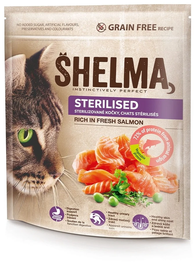 SHELMA Sterilised Rich in lašiša – sausas kačių maistas – 750g