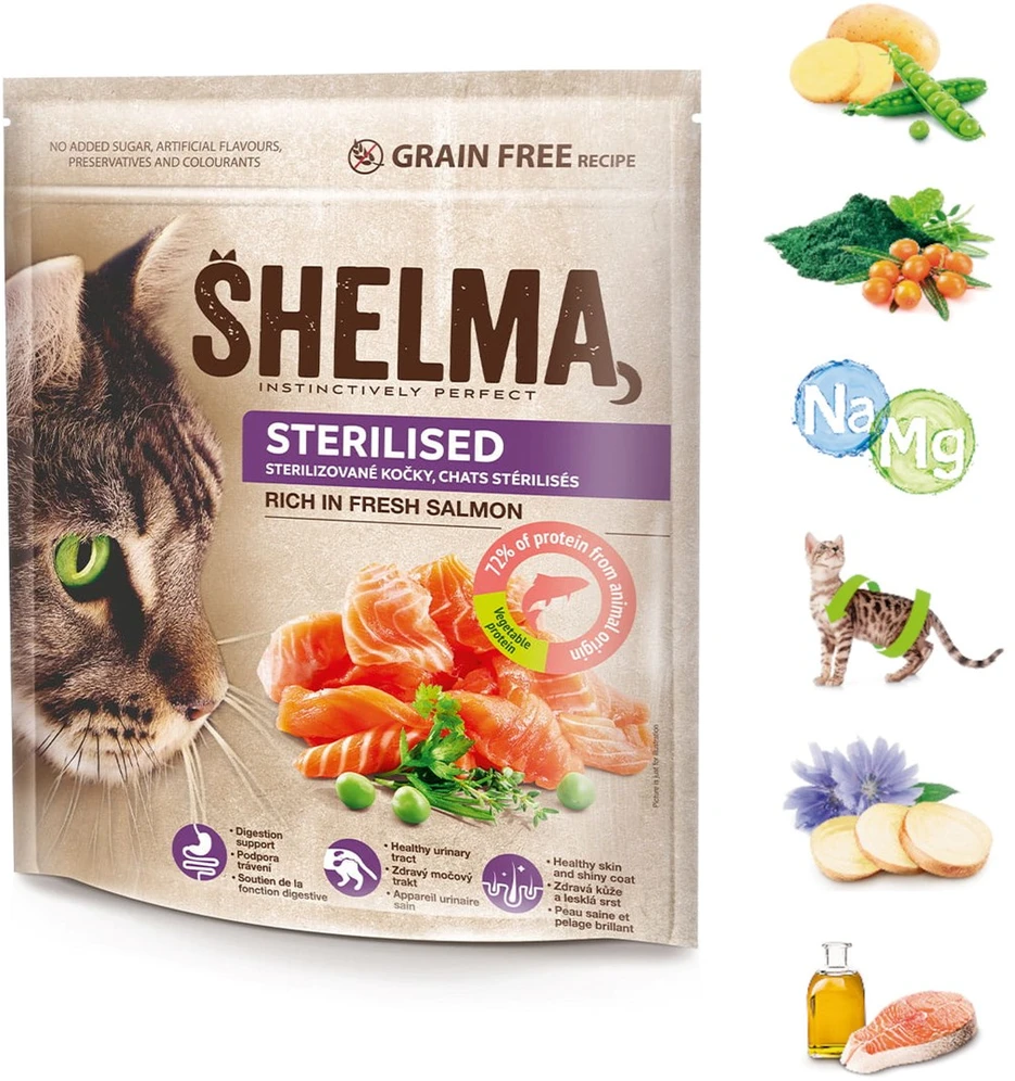 SHELMA Sterilised Rich in lašiša – sausas kačių maistas – 750g