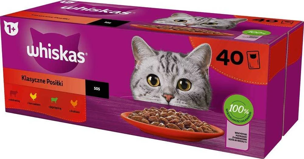 WHISKAS (40x85g) Classic Meals Drėgnas Maistas Suaugusiems Katėms Su Padažu (jautiena, vištiena, ėriena, paukštiena)