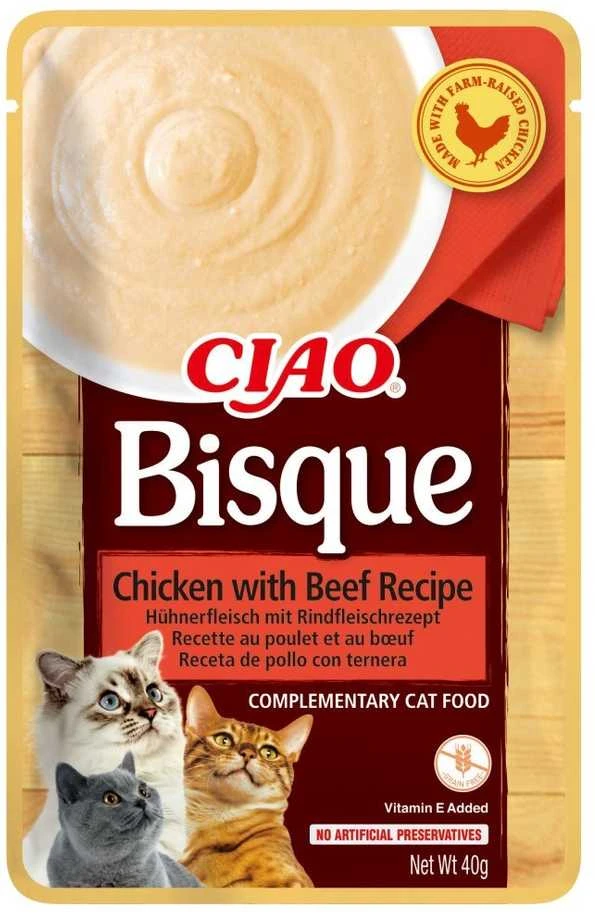 INABA Ciao Bisque Creamy soup with tuna, vištiena, jautiena and lašiša – skanėstas katėms – 24x40g