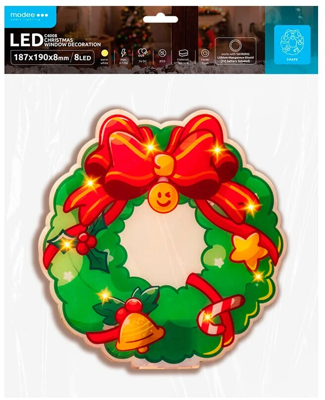 Kalėdinė LED dekoracija - Modee ML-C4008 8 LED vainiko dekoracija, šiltai balta, 3000 K, mirksinti, 187 × 190 × 8 mm