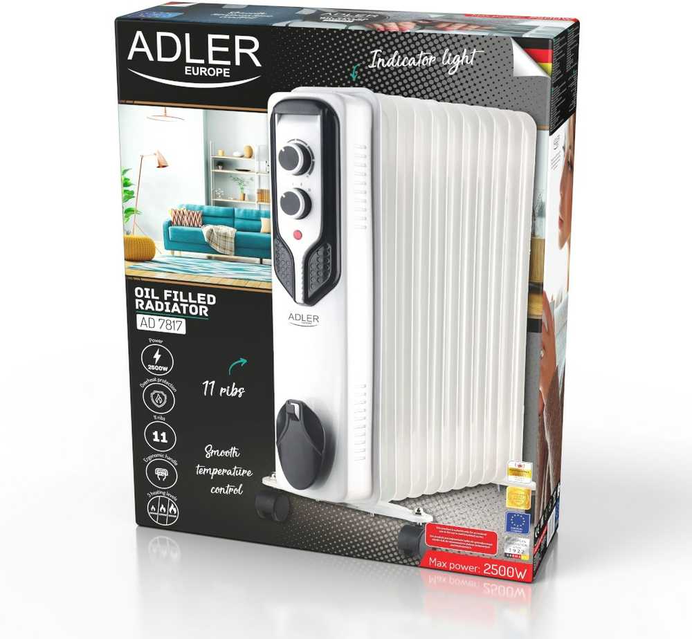 Adler | Alyva užpildytas radiatorius | AD 7817 | Alyva užpildytas radiatorius | 2500 W | Galios lygių skaičius 3 | Baltas