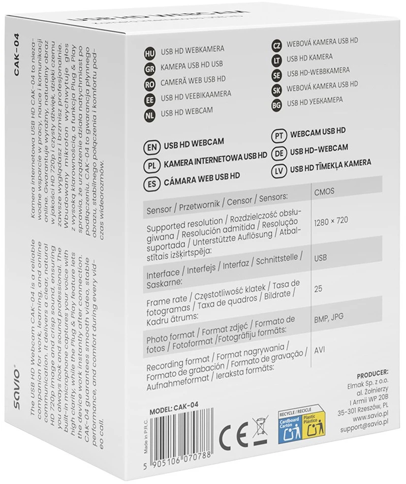Savio CAK-04 webcam 720 MP 1280 x 720 pikselių USB Juodas