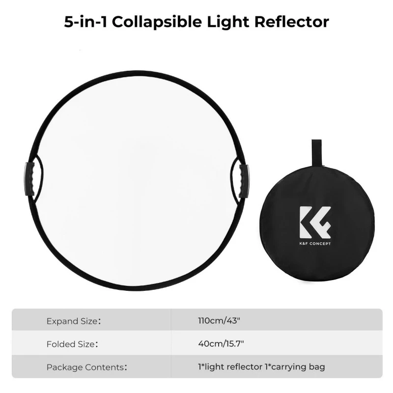 K&F 5 viename apvalių reflektorių rinkinys – 110 cm