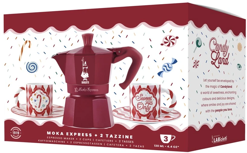 Kavos Aparatas - BIALETTI Moka Express 3 Puodelių Rinkinys Su 2 Candyland Puodeliais, 130 ml, Raudonas