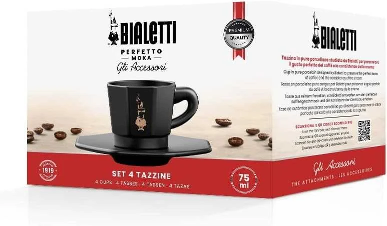 Kavos Puodelių Rinkinys - Bialetti Perfetto Moka Porcelianas 4x 75 ml Juodi