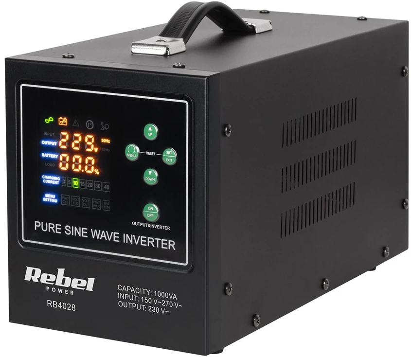 Rebel POWER-1000-LFP4 avarinis maitinimo šaltinis – keitiklis su gryna sinusine banga ir įkrovimo funkcija 12V 230V 1000VA 700W