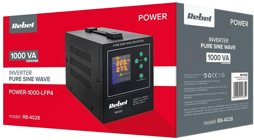 Rebel POWER-1000-LFP4 avarinis maitinimo šaltinis – keitiklis su gryna sinusine banga ir įkrovimo funkcija 12V 230V 1000VA 700W