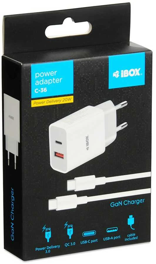 IBOX C-36 20W USB A+C SIENINIO ĮKROVIMO KABELIS USB-C Į USB-C