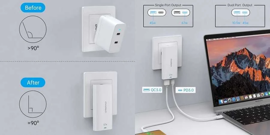 Mini kelioninis sieninis įkroviklis Choetech PD6011 PD65W GaN plonas USB-A+C (baltas)