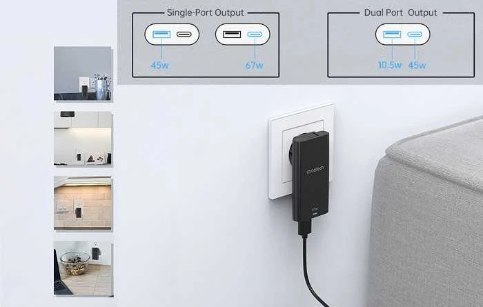 Mini kelioninis sieninis įkroviklis Choetech PD6011 PD65W GaN plonas USB-A+C (juodas)