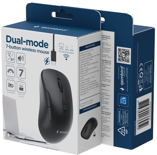 Gembird MUSW2-7B-01 Dual-mode belaidė pelė (2.4G + BT), 1600 DPI, 7-button, juodas