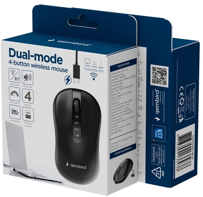 Gembird MUSW2-4B-01 Dual-mode belaidė pelė (2.4G + BT), 1600 DPI, 4-button, juodas