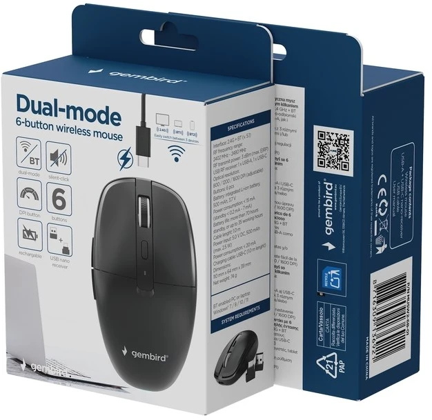 Gembird MUSW2-6B-01 Dual-mode belaidė pelė (2.4G + BT), 1600 DPI, 6-button, juodas