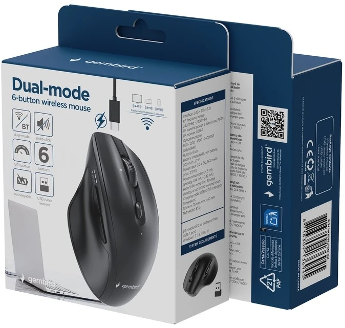 Gembird MUSW2-6B-02 Dual-mode belaidė pelė (2.4G + BT), 2400 DPI, 6-button, juodas