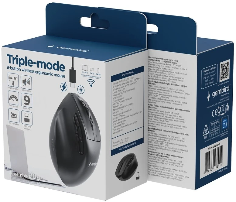 Gembird MUSW3-9B-01 Triple-mode wireless ergonomic pelė (2.4G + BT + USB), 2400 DPI, 9-button, juodas