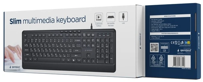 Gembird KB-MCH-05-CYRL Slim su laidu multimedia klaviatūra, juodas, RU išdėstymas