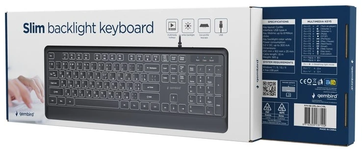 Gembird KB-UML-04-CYRL Slim su laidu backlight klaviatūra, juodas, Cyrillic išdėstymas