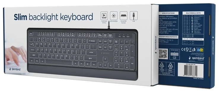 Gembird KB-UML-04 Slim su laidu backlight klaviatūra, juodas, US išdėstymas