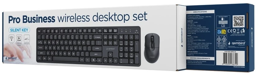 Klaviatūra Gembird KBS-WMS-01 Silent key Pro Business wireless desktop set, juodas, US išdėstymas