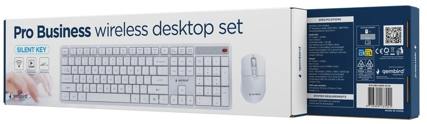 Klaviatūra Gembird KBS-WMS-01-W Silent key Pro Business wireless desktop set, baltas, US išdėstymas
