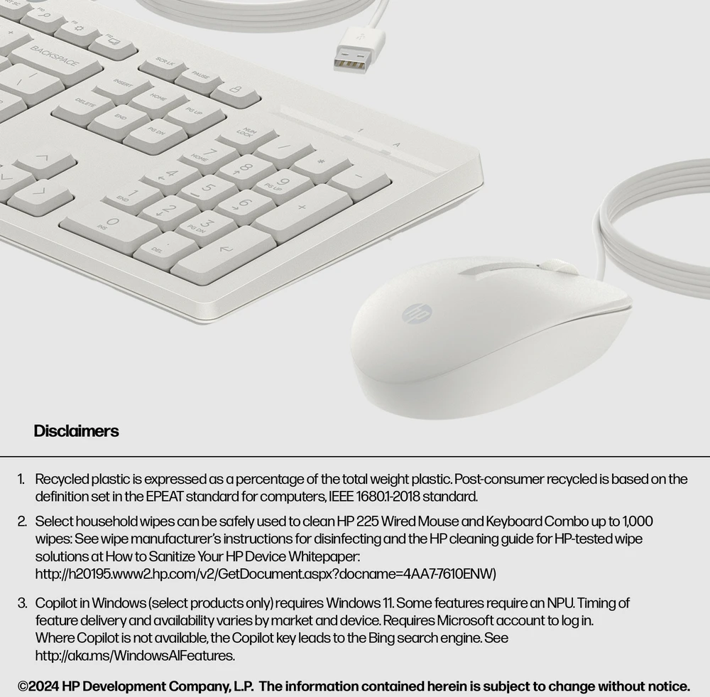 HP 225 G2 USB su laidu Pelė Klaviatūra Combo, Copilot Key - Cashmere Baltas - ESTONIAN