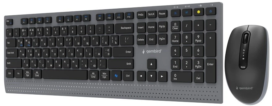 Klaviatūra Gembird KBS-WPS-02-CYRL Dual-mode slim wireless desktop set, 2.4G+BT, RU išdėstymas