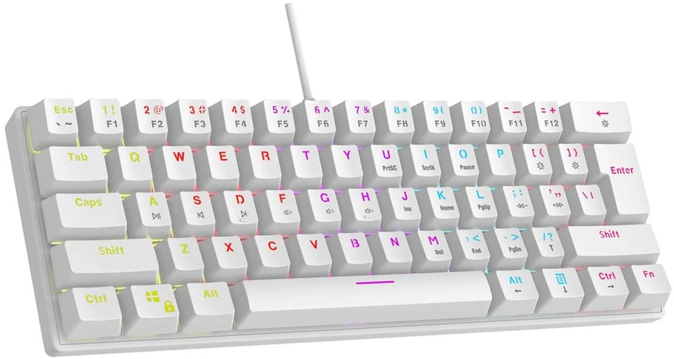 Klaviatūra - RAMPAGE PLOWER K60 61 klavišų QWERTY mechaninė žaidimų klaviatūra, RGB, USB, balta
