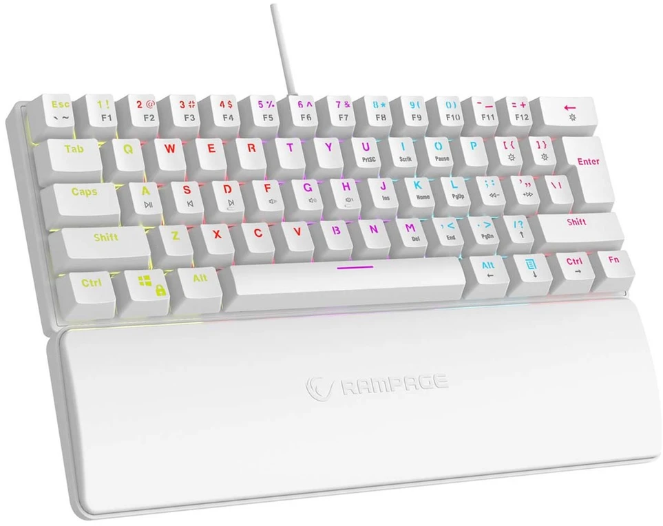 Klaviatūra - RAMPAGE PLOWER K60 61 klavišų QWERTY mechaninė žaidimų klaviatūra, RGB, USB, balta