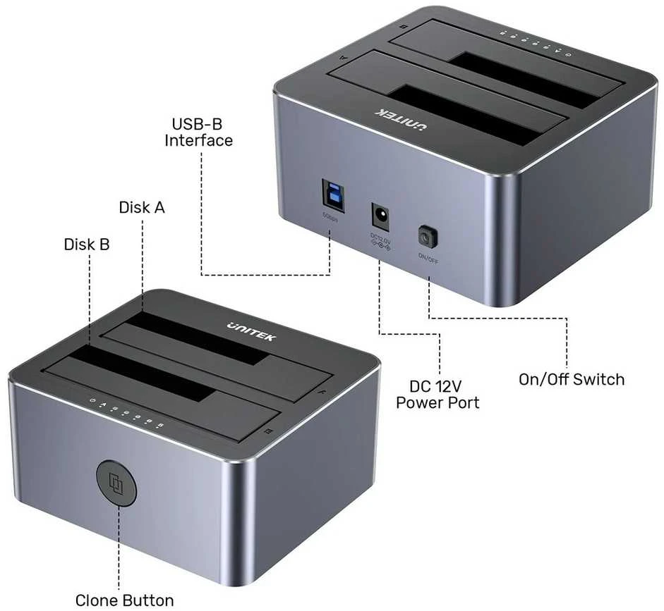 Klonavimo Stotis - UNITEK 2X SATA 2,5"/3,5" USB 5GB