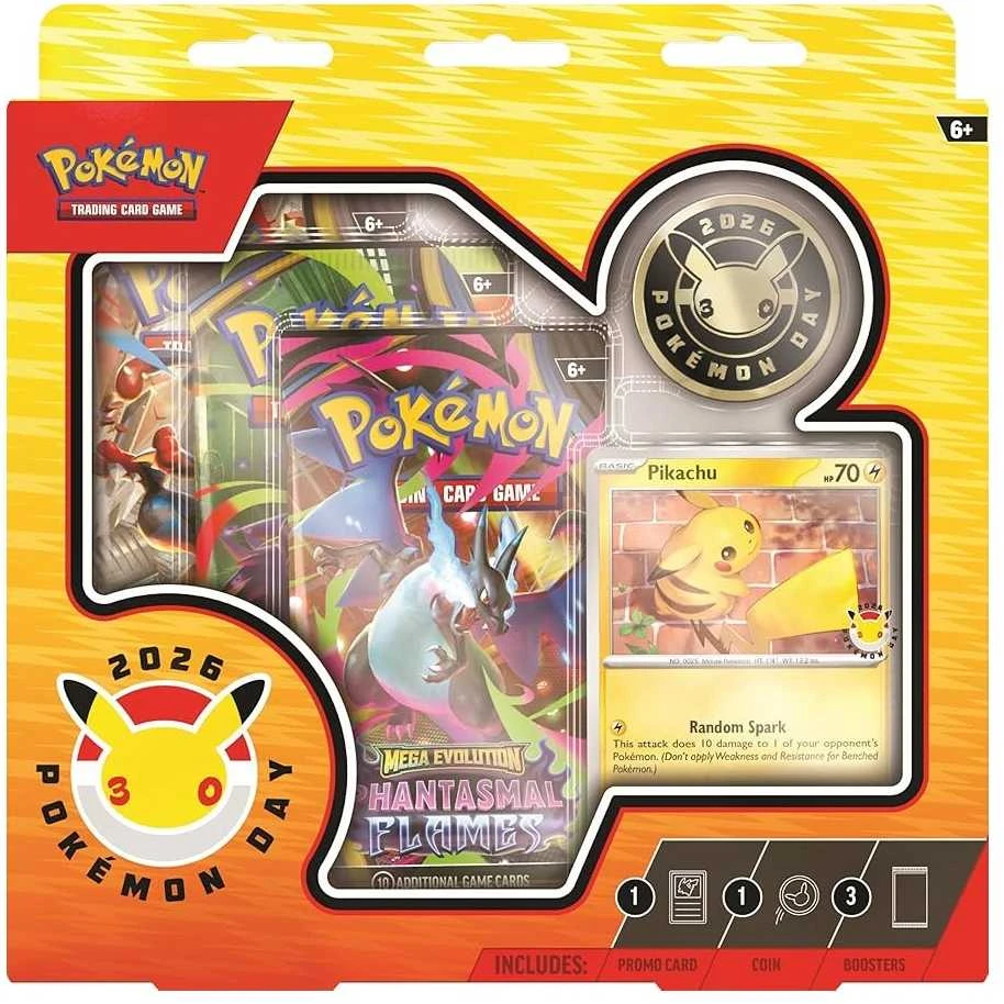 Kolekcionuojami daiktai – „Pokémon Day 2026“ kolekcijos dėžutė (Pokémon, Pikachu kortelė, moneta, 3 papildymo paketai)