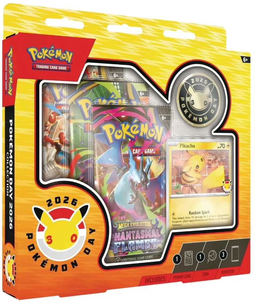 Kolekcionuojami daiktai – „Pokémon Day 2026“ kolekcijos dėžutė (Pokémon, Pikachu kortelė, moneta, 3 papildymo paketai)