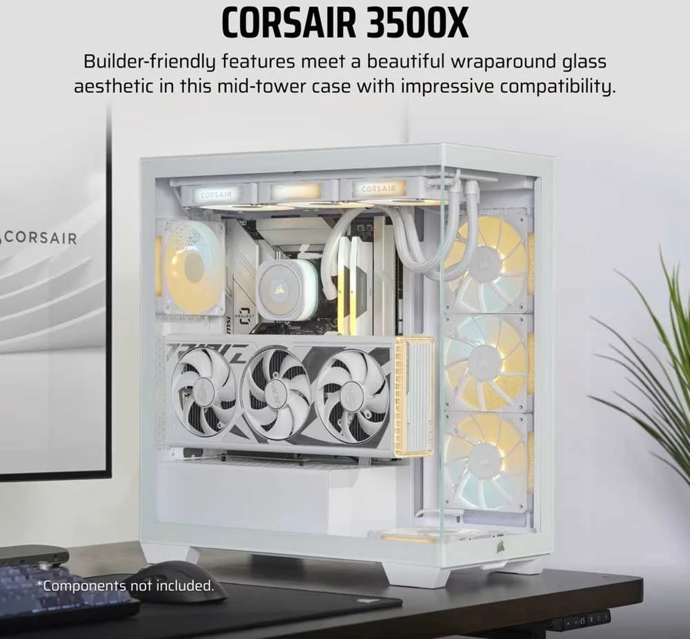 „Corsair 3500X LX-R“ kompiuterio korpusas, vidutinio dydžio bokštas, E-ATX, RGB, grūdintas stiklas · baltas