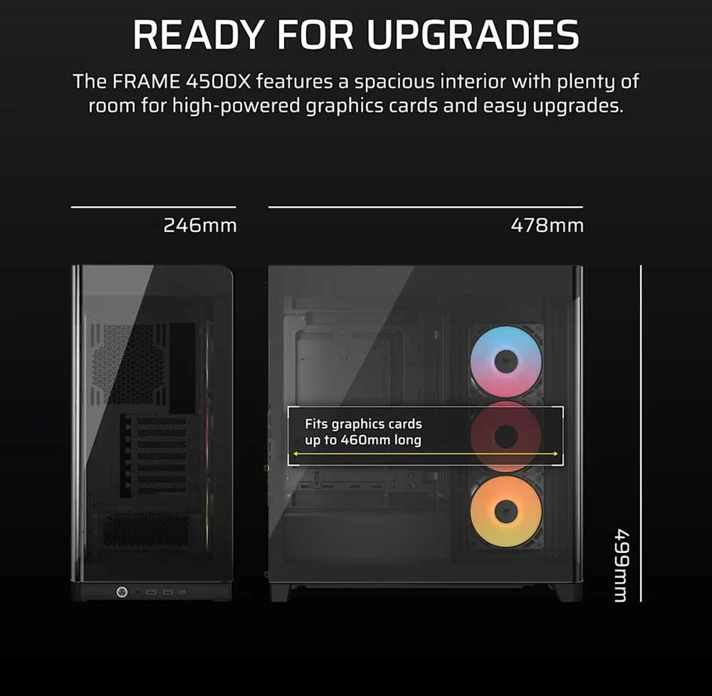 „Corsair FRAME 4500X RS-R ARGB“ kompiuterio korpusas, vidutinio dydžio bokštas, E-ATX, grūdintas stiklas – Juodas