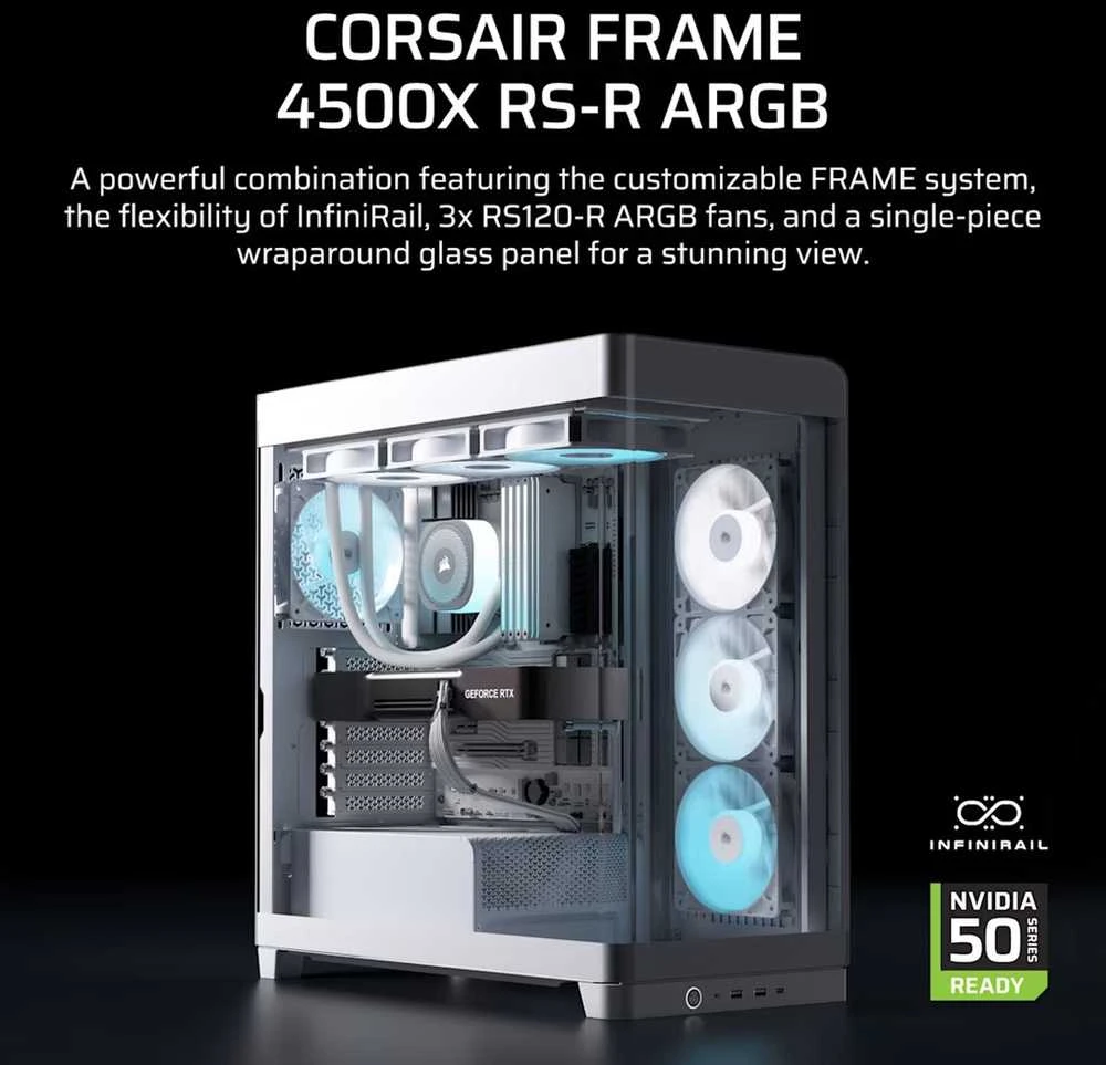 „Corsair FRAME 4500X RS-R ARGB“ korpusas, „Mid-Tower“, E-ATX, grūdintas stiklas – Baltas