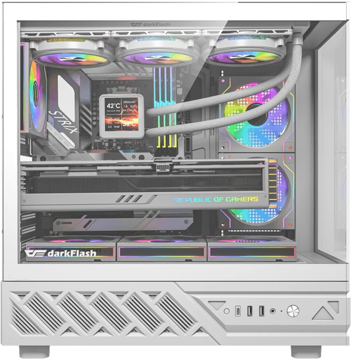 „DarkFlash DS950V“ kompiuterio korpusas su ekranu (baltas) + 6 ventiliatoriais
