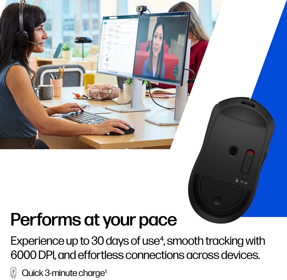 HP 705 Super Capacitor Belaidė pelė - Multi-Device, Programmable, 4-way scrolling, Ultra-Fast Rechargeable, Multi Surface, 6000 dpi - Juodas