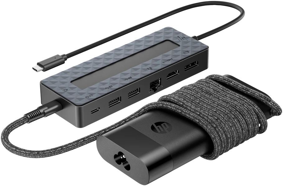 HP universalus USB-C kelių prievadų šakotuvas su 65 W maitinimo adapteriu ir nešiojamojo kompiuterio įkrovikliu - 2x USB-A, 2x USB-C (65 W / duomenys), DisplayPort/HDMI, RJ-45, 1 metai