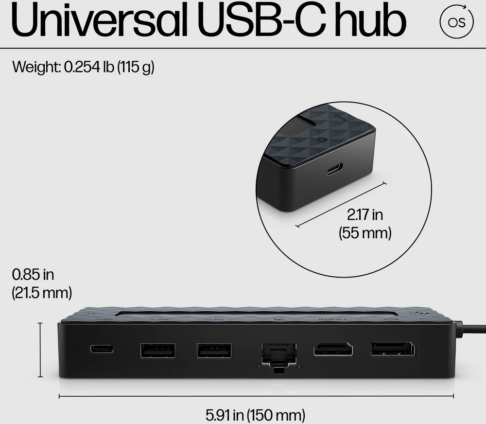 HP universalus USB-C kelių prievadų šakotuvas su 65 W maitinimo adapteriu ir nešiojamojo kompiuterio įkrovikliu - 2x USB-A, 2x USB-C (65 W / duomenys), DisplayPort/HDMI, RJ-45, 1 metai