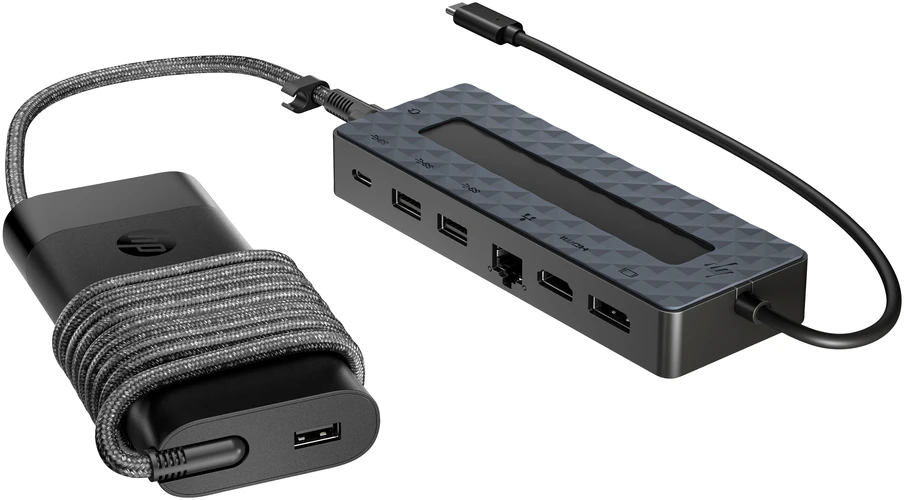 HP universalus USB-C kelių prievadų šakotuvas su 65 W maitinimo adapteriu ir nešiojamojo kompiuterio įkrovikliu - 2x USB-A, 2x USB-C (65 W / duomenys), DisplayPort/HDMI, RJ-45, 1 metai