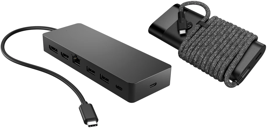 HP universalus USB-C kelių prievadų šakotuvas su 65 W maitinimo adapteriu ir nešiojamojo kompiuterio įkrovikliu - 2x USB-A, 2x USB-C (65 W / duomenys), DisplayPort/HDMI, RJ-45, 1 metai