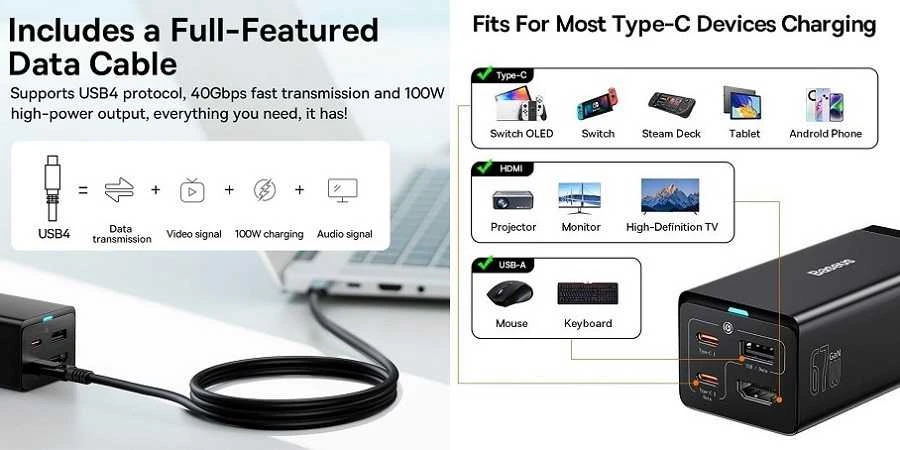 Baseus GaN5 Pro sieninis įkroviklis 2xUSB-C + USB + HDMI, 67 W (juodas)
