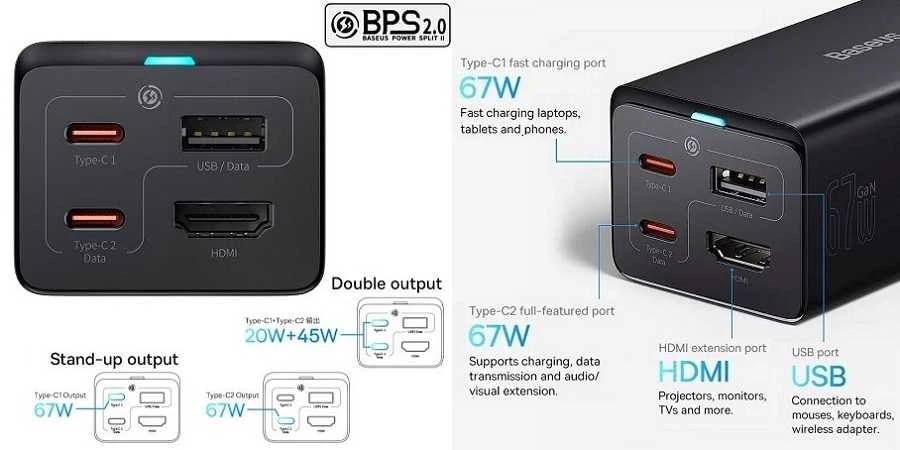 Baseus GaN5 Pro sieninis įkroviklis 2xUSB-C + USB + HDMI, 67 W (juodas)