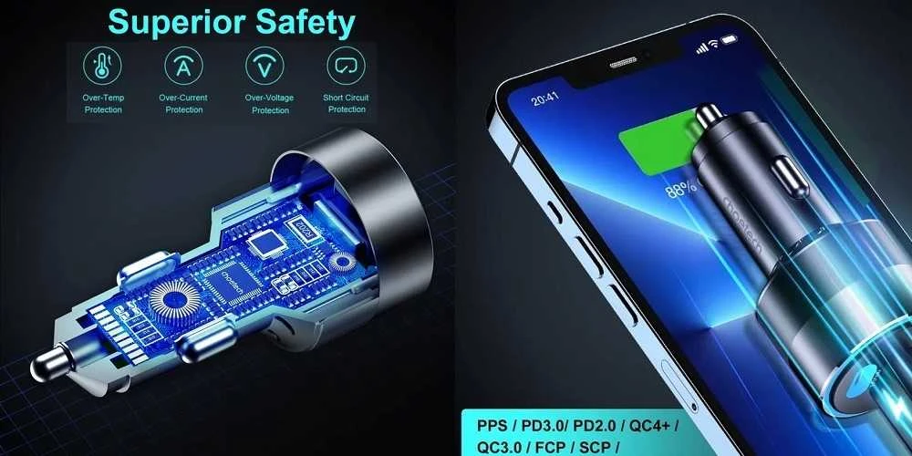 Choetech TC0011 automobilinis įkroviklis 130W 2x USB C 1x USB A - juodas