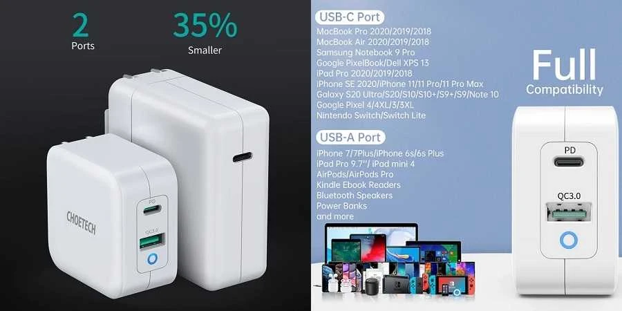 Kroviklis CHOETECH GaN USB Type-C, Type-A: 65W, PD, QC