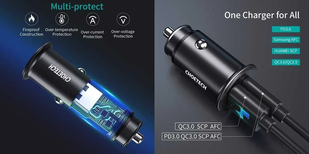 Automobilinis įkroviklis Choetech TC0006 1x USB-A, 1x USB-C 30W PD 3.0 (juodas)
