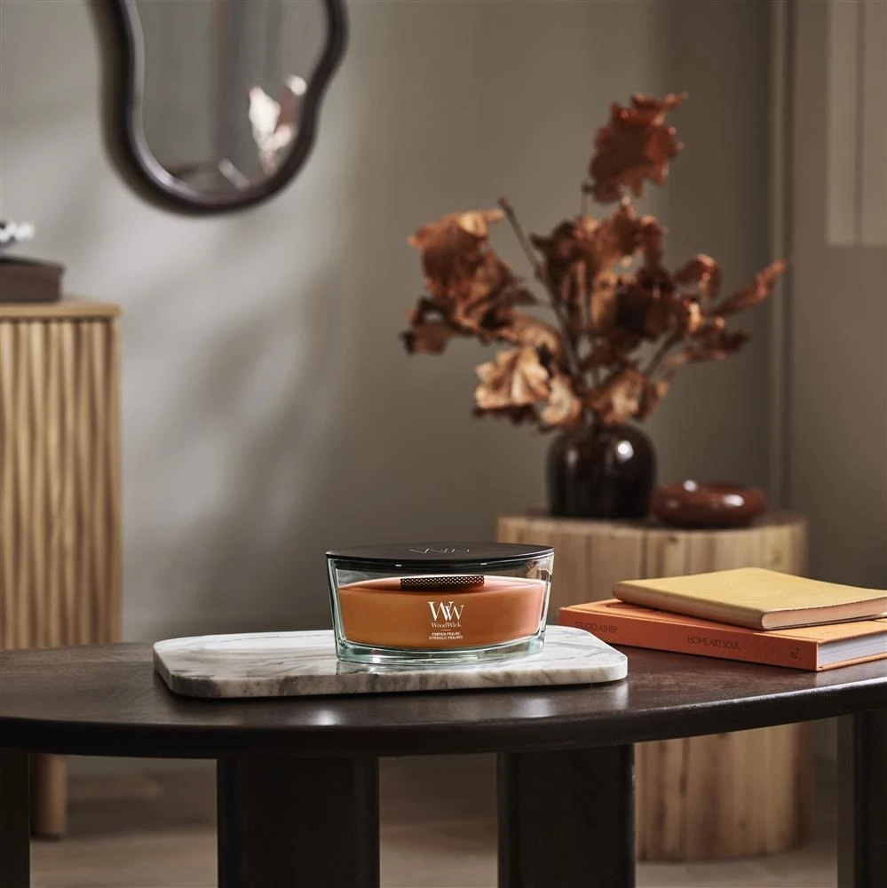 Kvapioji žvakė - WoodWick Pumpkin Praline Ellipse bronzos spalvos