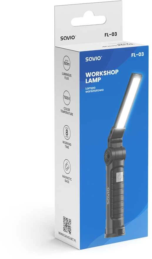 LED Lempa - Savio FL-03 COB Įkraunama, USB-C, 150 lm, Sukamoji Galvutė, Magnetas