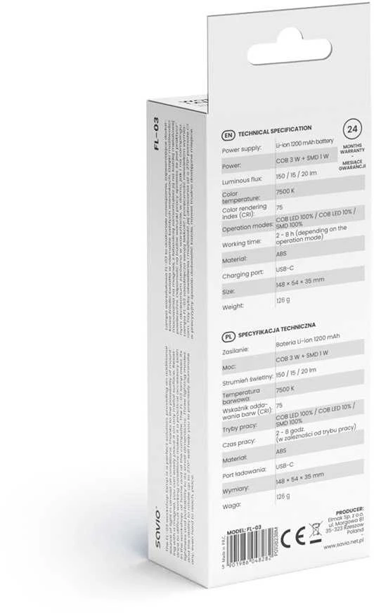 LED Lempa - Savio FL-03 COB Įkraunama, USB-C, 150 lm, Sukamoji Galvutė, Magnetas